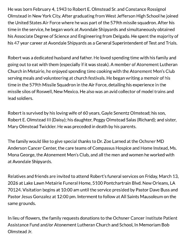 Robert Olmstead Jr. Obituary Part 2